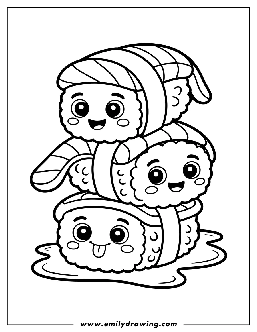 Outline of three happy, cartoon-style sushi pieces stacked on top of each other. The bottom sushi piece has its tongue sticking out.