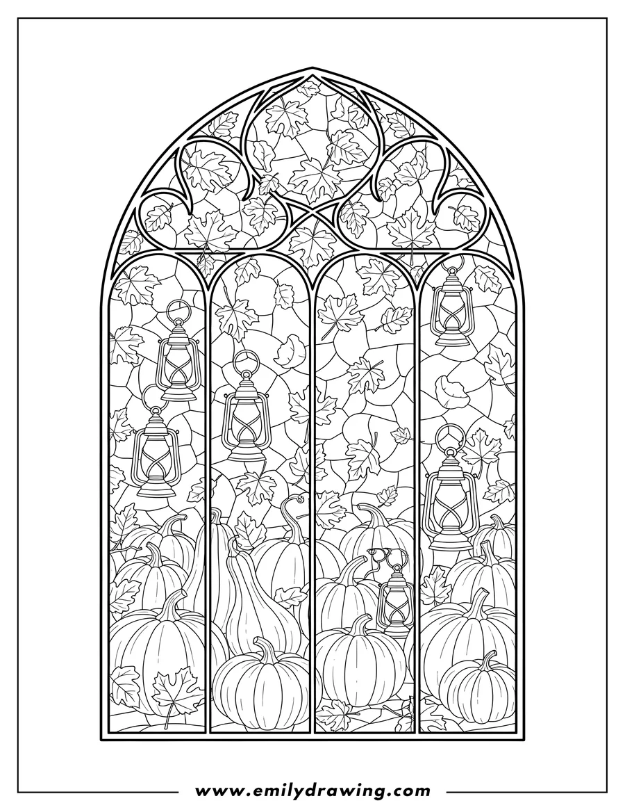 Vector style outline of stained Glass Autumn scene with many pumpkins, classic lanterns, and scattered autumn leaves