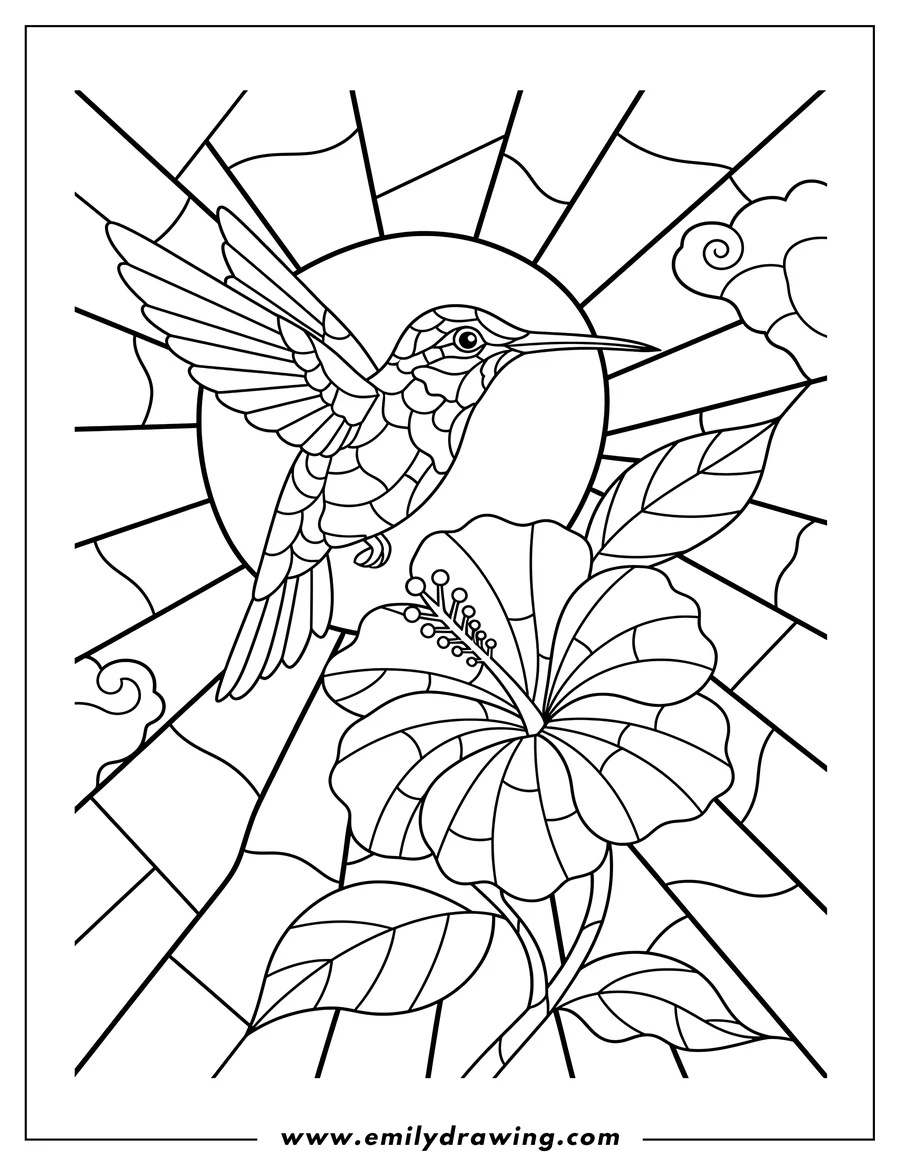 Downloadable coloring page of hummingbird hovering at a flower in a stained glass style
