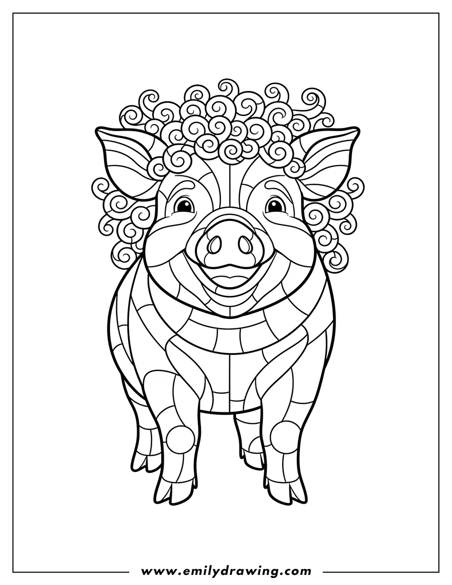 Printable coloring page of stained Glass Smiling Pig With Twirly Hair standing and looking forward