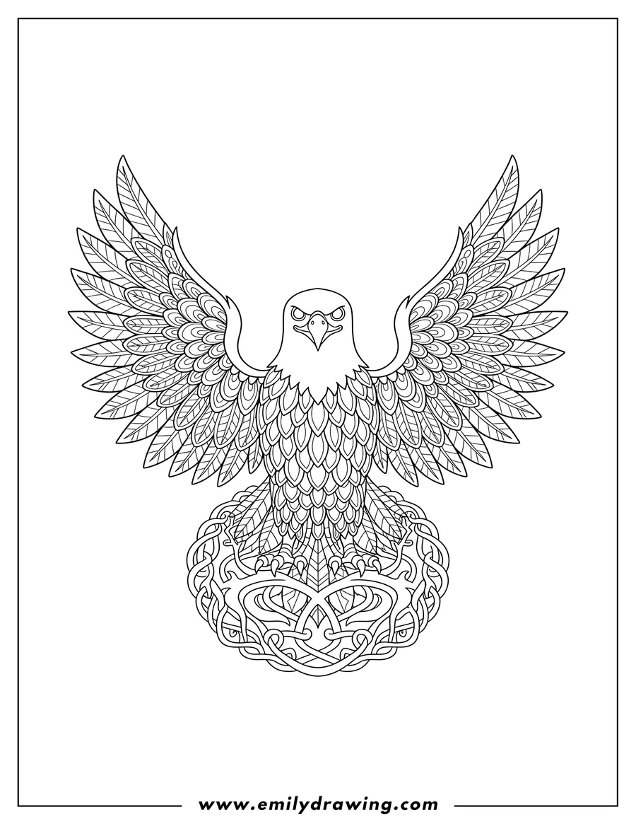 Printable coloring page of standing bald eagle mandala with intricate feather patterns, facing forward