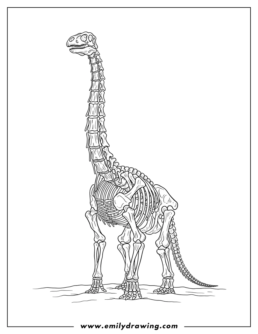 PDF style coloring page: standing Brachiosaurus skeleton
