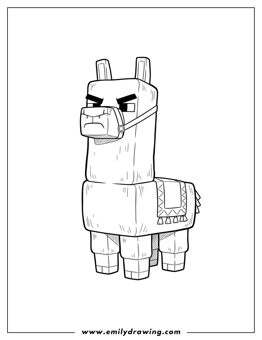 PDF style coloring page: standing grumpy Minecraft Movie Llama