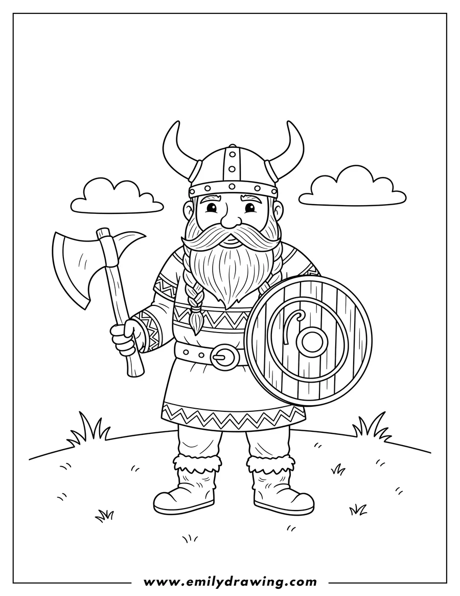 Coloring page for kids: A standing male Viking with a horned helmet and a beard, carrying a shield and an axe