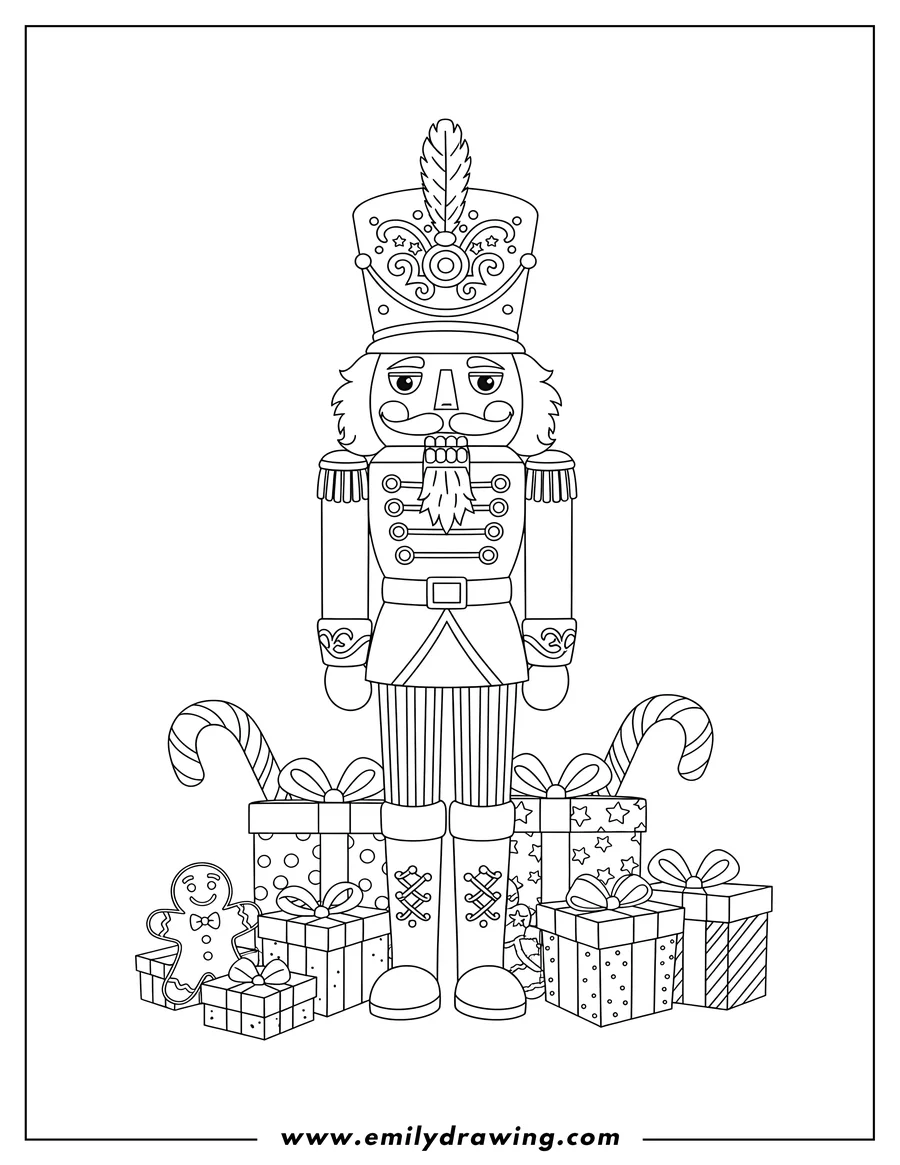 Coloring sheet featuring standing Nutcracker surrounded by gift boxes, gingerbread men, and candy canes