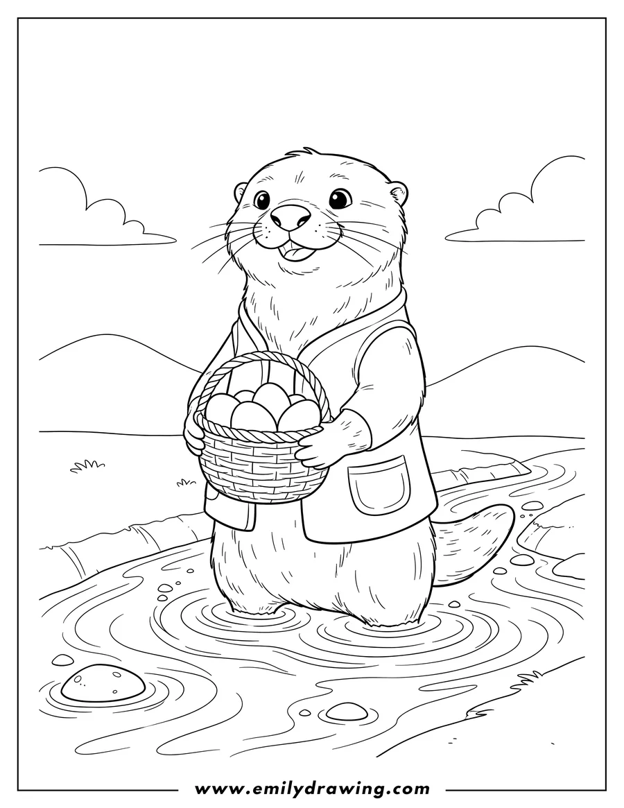 Printable coloring page of standing otter holding a basket of eggs in the river