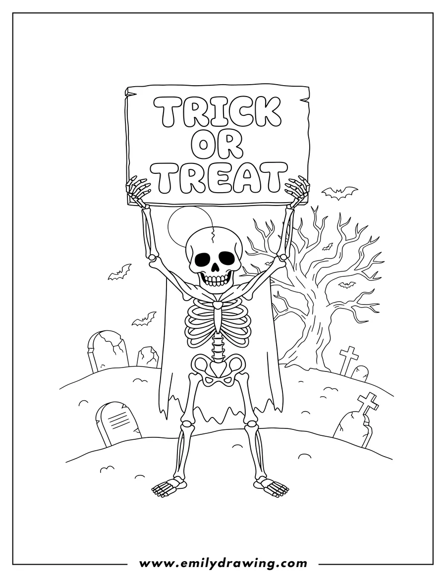 Outline drawing of standing Skeleton Holding Trick Or Treat Sign Above Head with Both Hands Haunted Graveyard