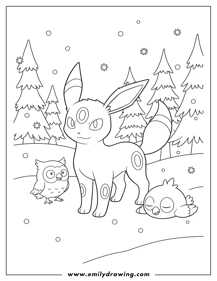 High quality printable standing Umbreon with two Hoothoots in a snowy forest, one Hoothoot standing and the other lying down for coloring