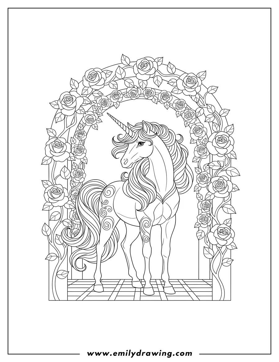Coloring page for kids: majestic standing unicorn with flowing mane and tail, surrounded by rose-covered arches, mosaic