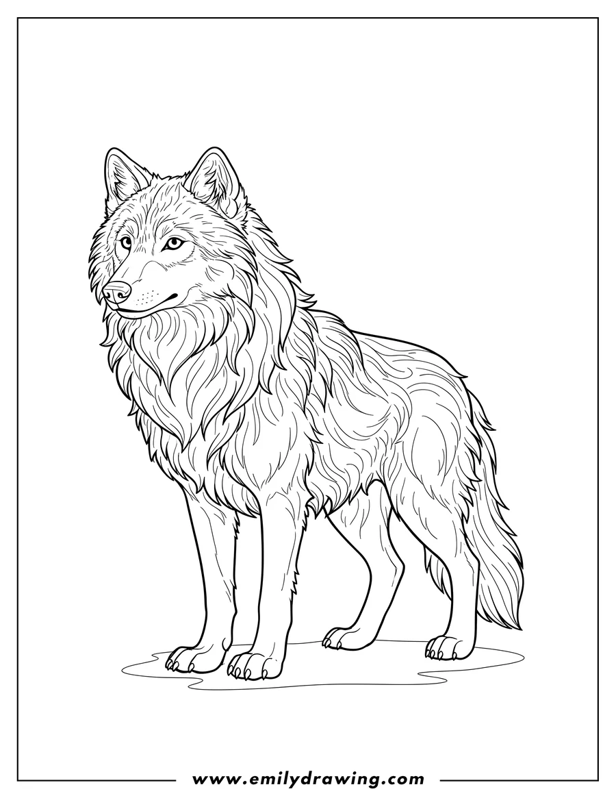 Coloring page of standing wolf with thick fur and a calm expression, looking to the side