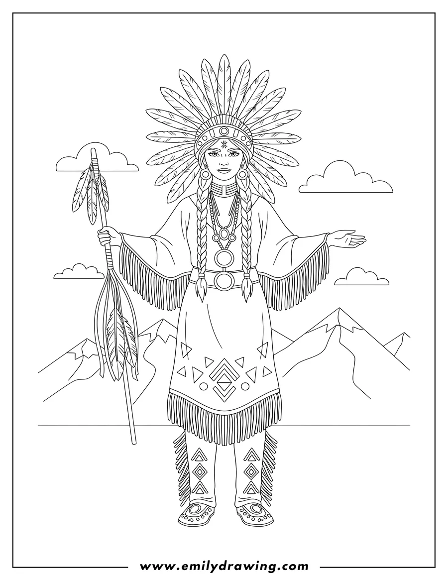 Printable coloring page of standing Native American Woman in Feathered and Beaded Traditional Clothes, Mountains Background