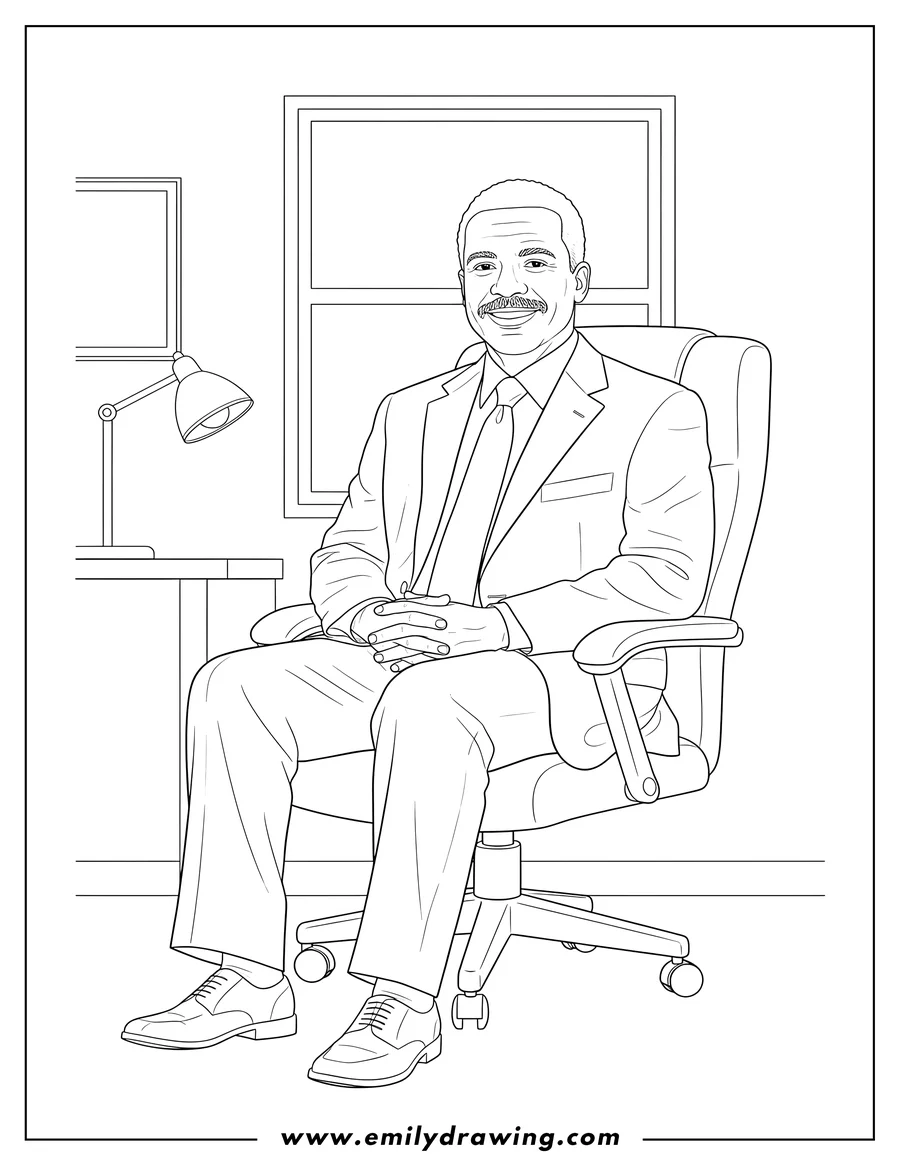 Free printable coloring sheet of stanley Hudson, wearing a suit and tie and a mustache, smiling with his hands clasped, seated in his office chair