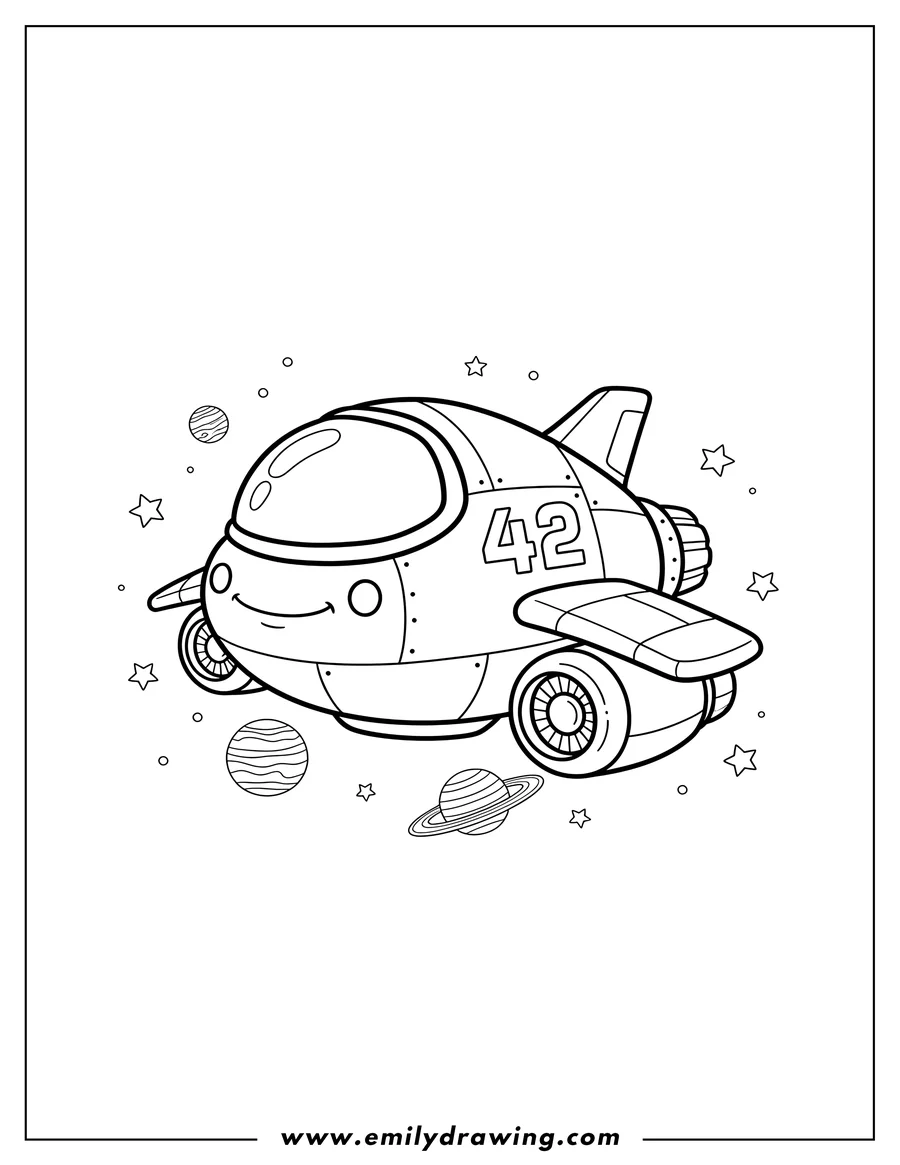 Doodle style coloring picture of star Cruiser 42 spaceship flying in space