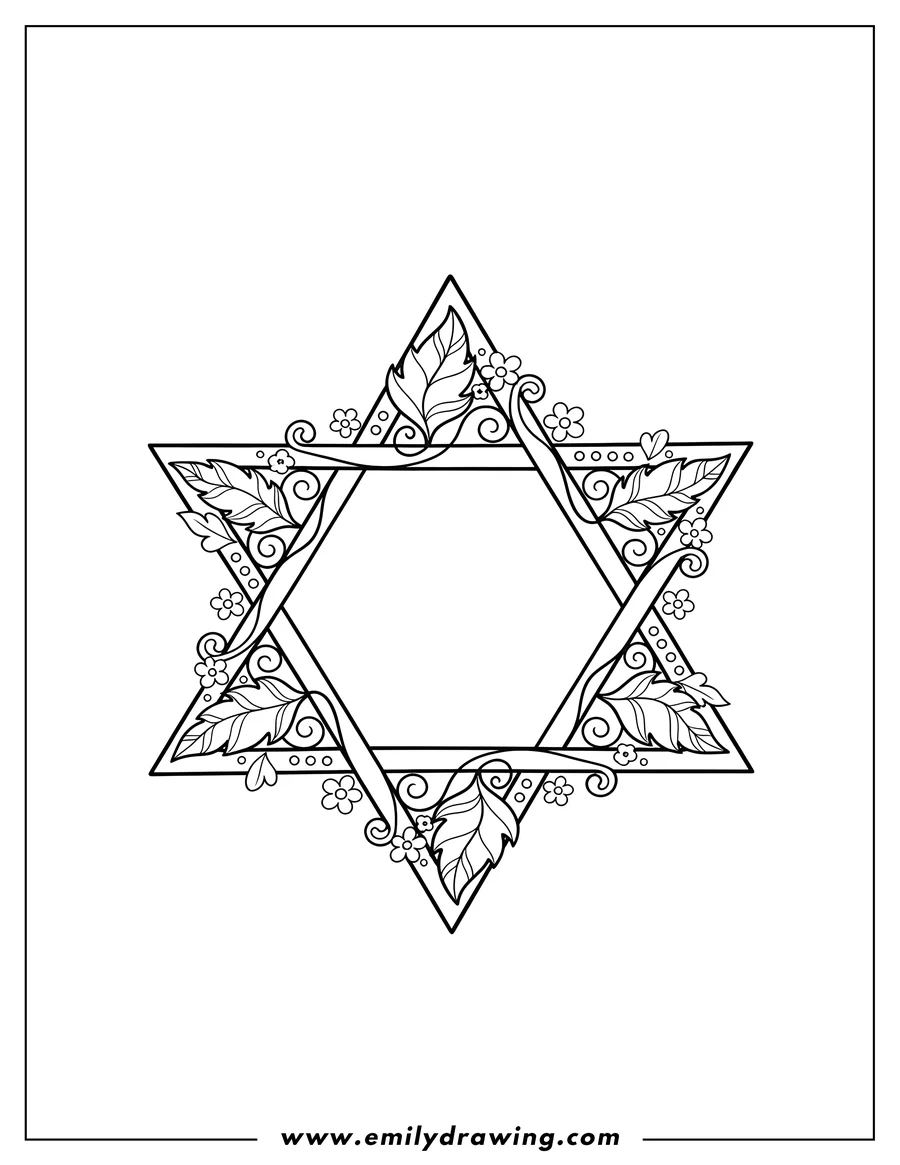Full page coloring image of star of David with integrated leaf designs, dots, and small flowers