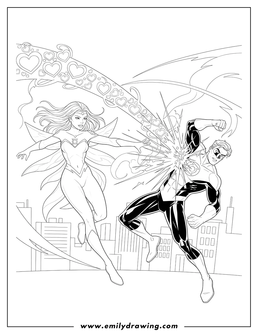 Outline drawing of star Sapphire Vs Green Lantern, Star Sapphire attacking with an energy blast, Green Lantern recoiling from the impact