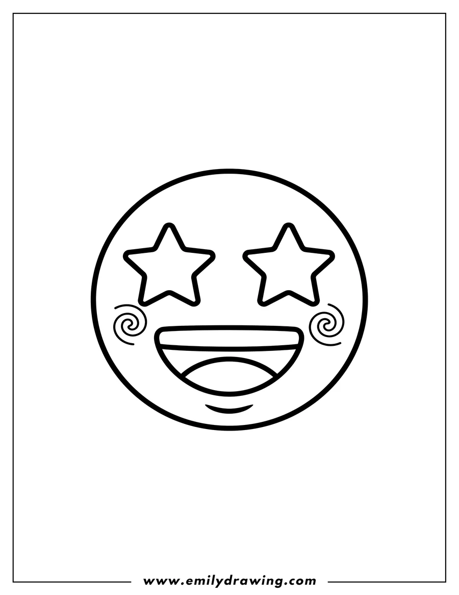 Downloadable coloring page of star Struck Emoji with a big happy smile