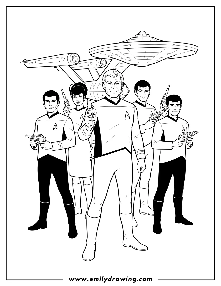 Coloring sheet featuring star Trek crew members Kirk, Spock, McCoy, Uhura, Chekov, and Sulu holding phasers, communicators, and tricorders, with the USS Enterprise starship