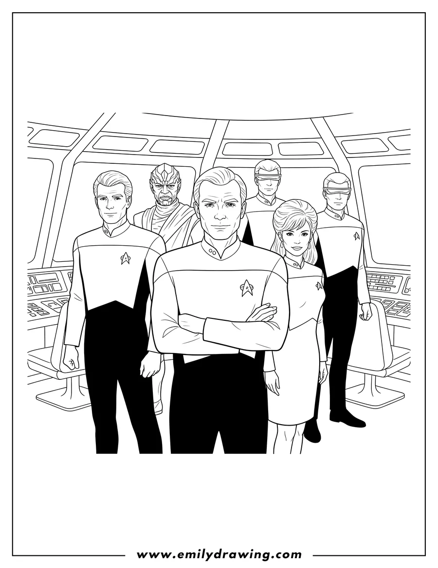 Simple sketch of star Trek Next Generation Poster Crew, with Captain Picard standing front and center, arms crossed to color