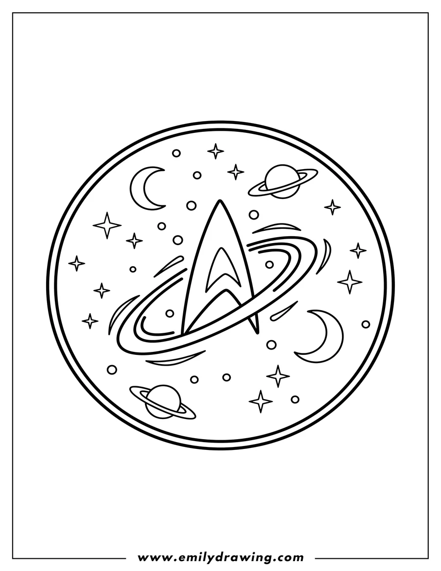Coloring page for kids: star Trek Starfleet Command Logo with an orbiting star and space elements in a circular frame