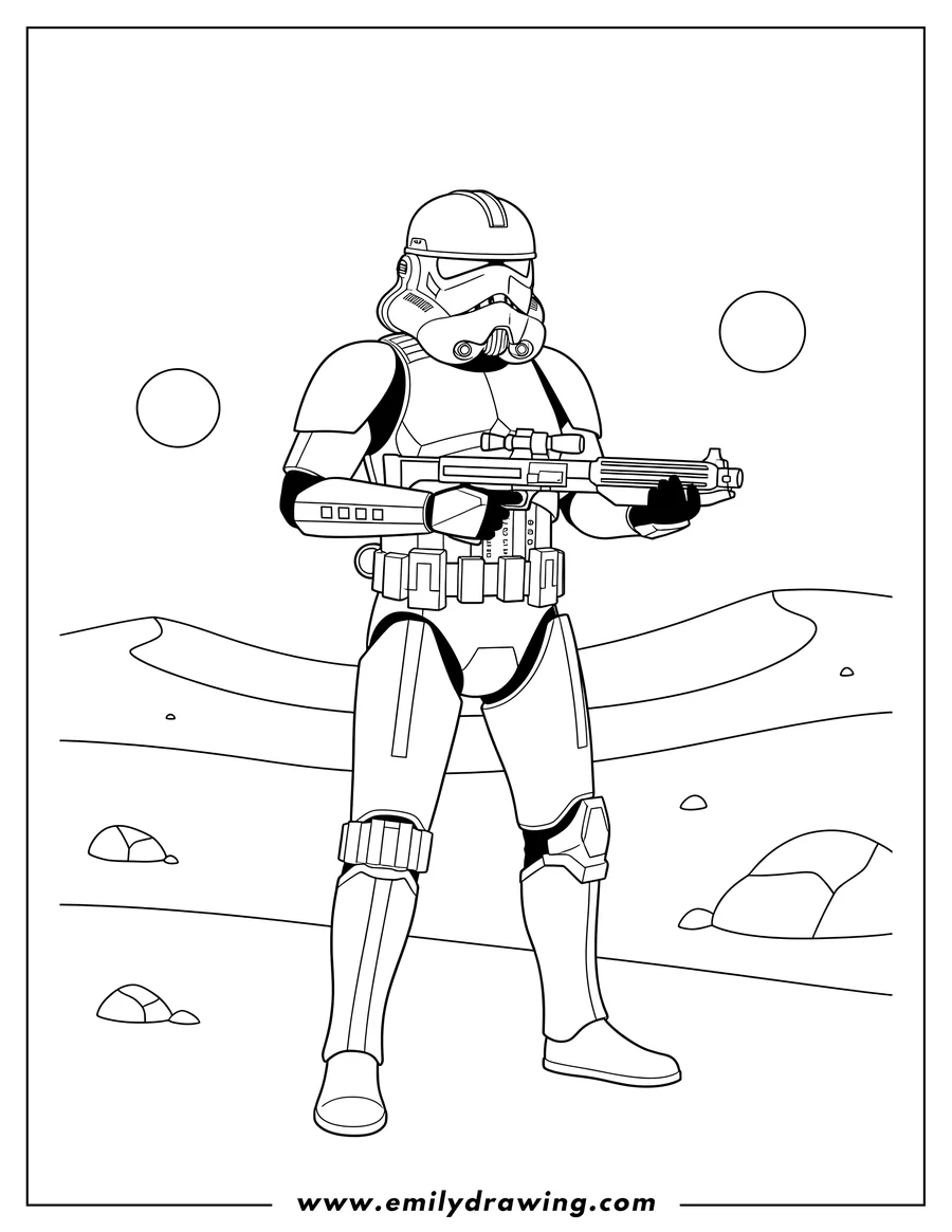 Outline drawing of star Wars Shocktrooper Standing Desert, holding a blaster rifle