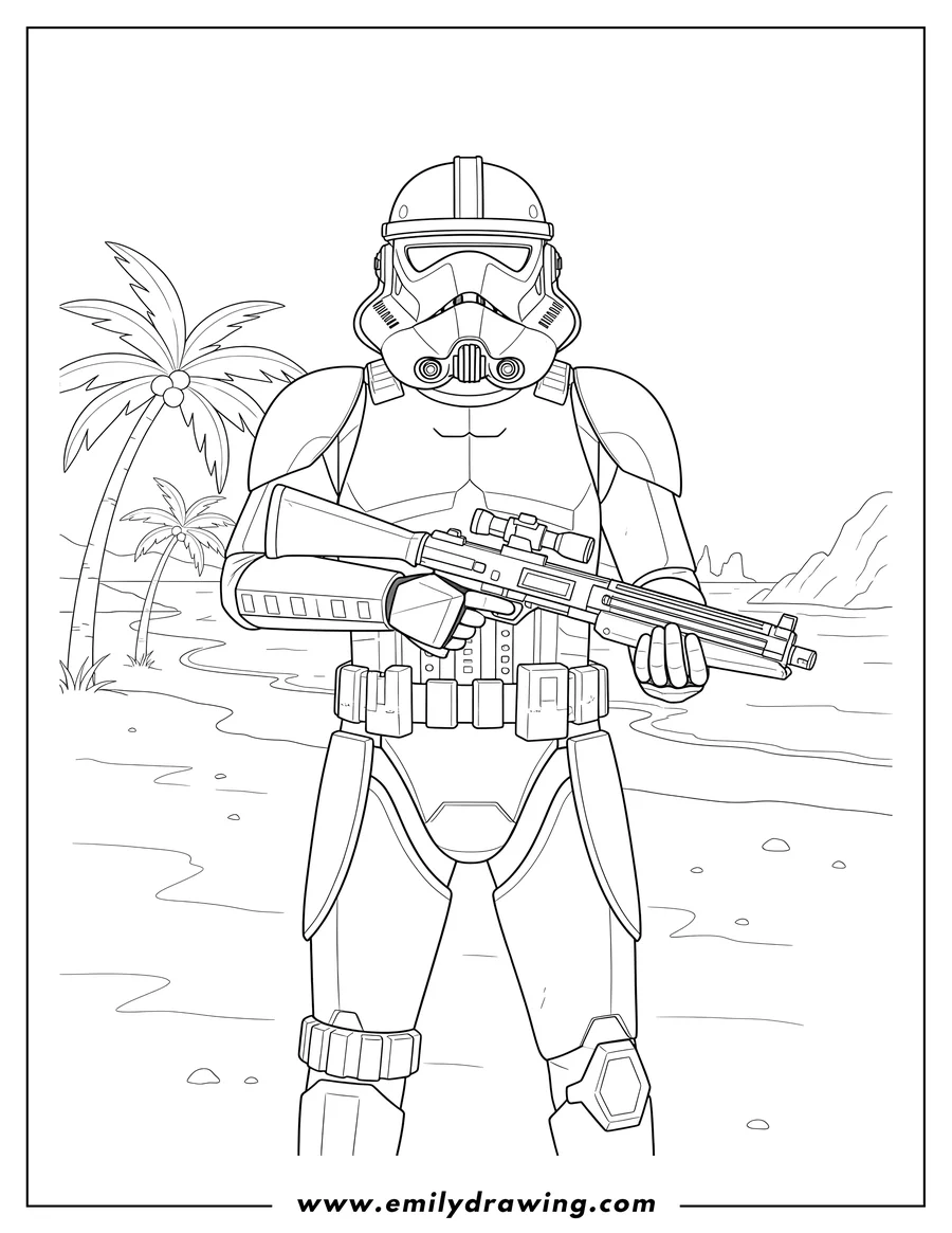 Printable coloring page of star Wars Shoretrooper standing and holding a blaster rifle