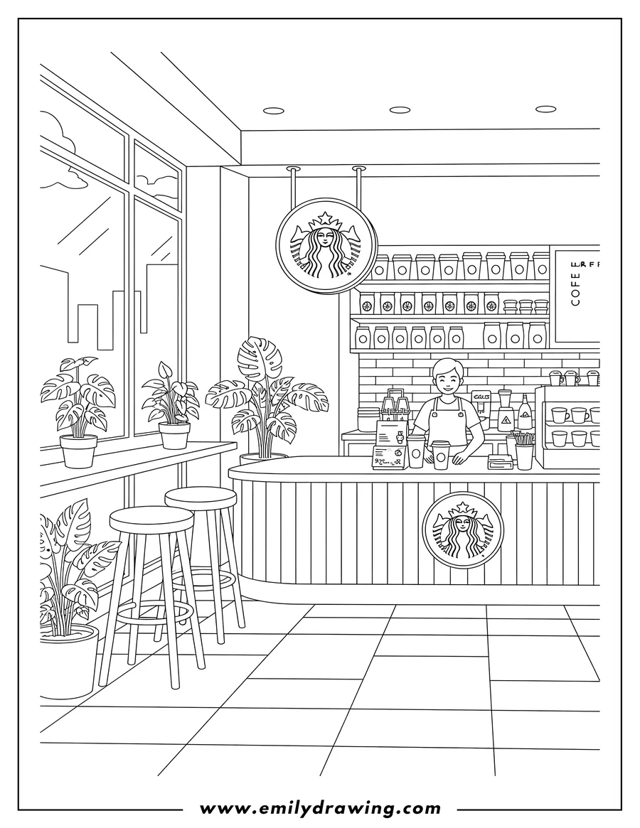 Full page coloring image of starbucks Cafe With Potted Plants, Bar Stools, and Starbucks Logos