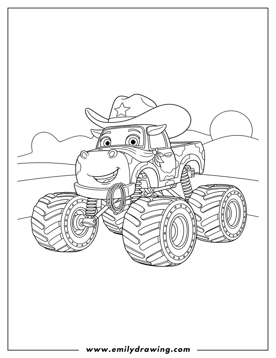 Doodle style coloring picture of starla Cowgirl Monster Machine wearing a cowboy hat with a star and horseshoe treads on her tires