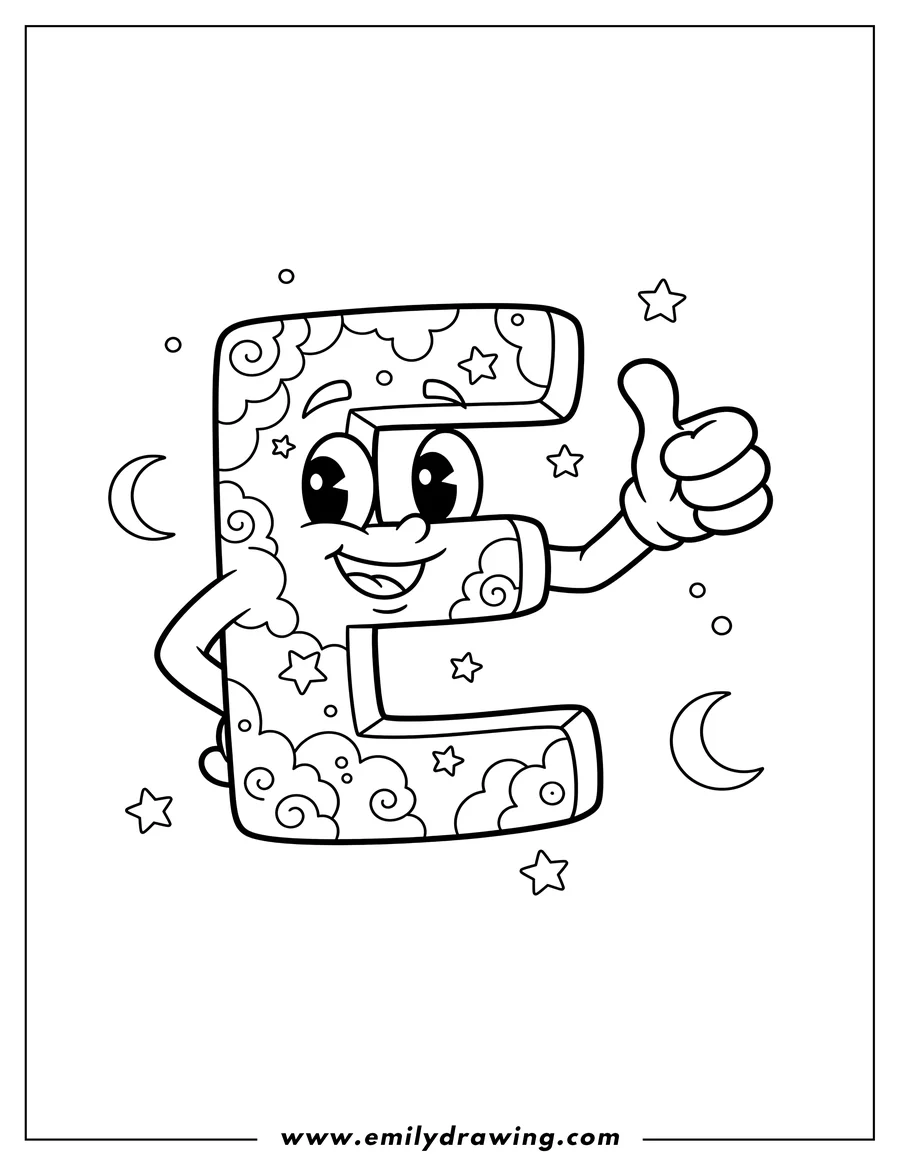 High quality printable starry Cartoon E giving a thumbs-up with a happy smile for coloring