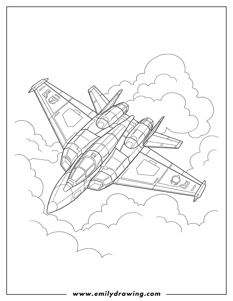 Coloring sheet featuring starscream S Earth Jet Mode flying in the clouds with symbols on its wings to color