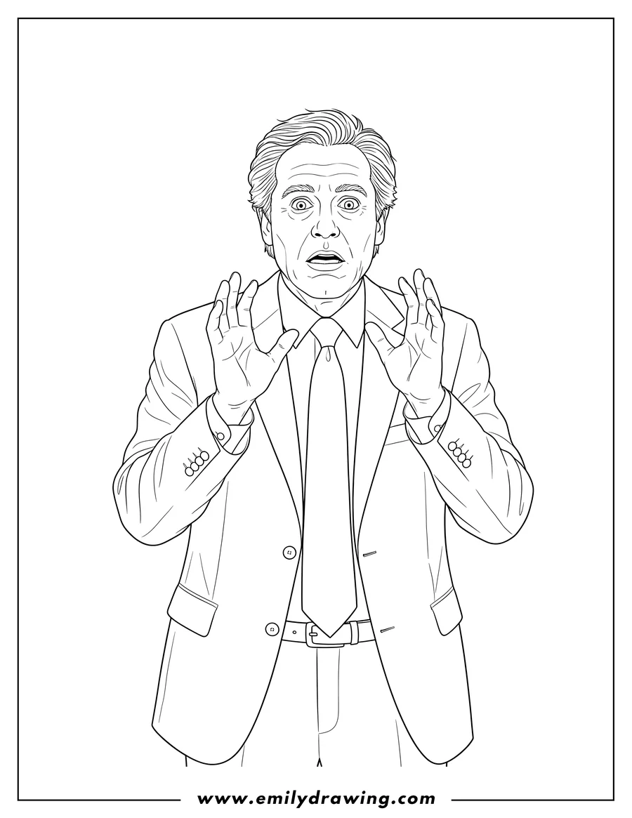 High quality printable startled, wide-eyed Creed Bratton in a suit and tie for coloring