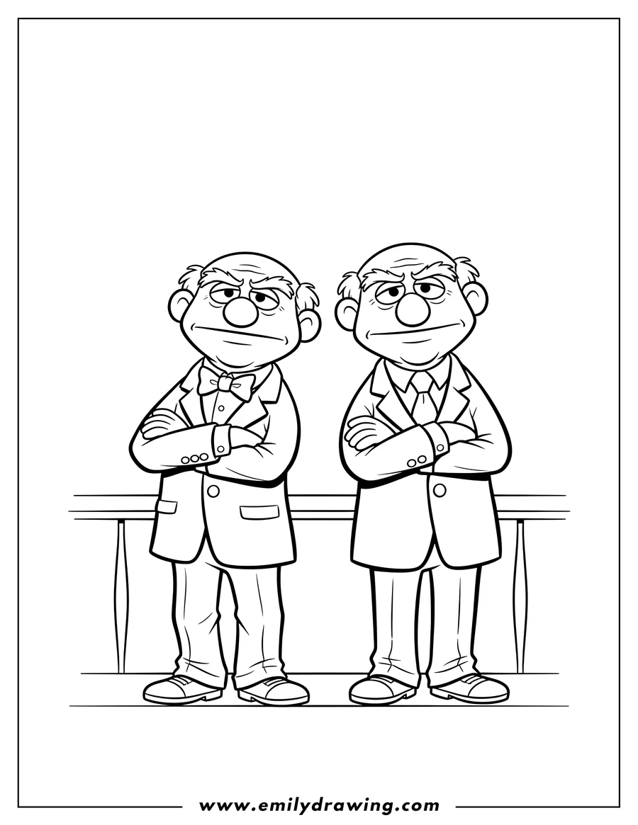 PDF style coloring page: statler and Waldorf standing with arms crossed