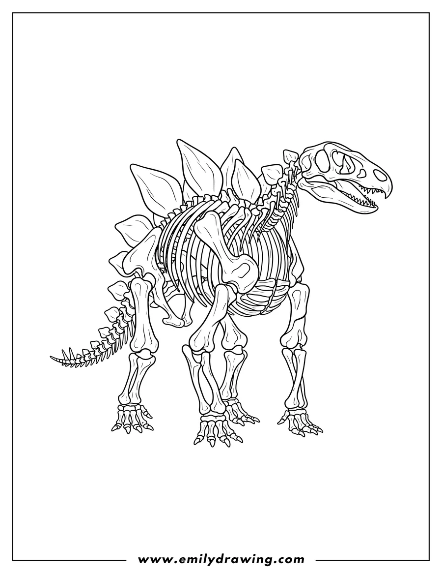 Clean line drawing: stegosaurus Skeleton standing