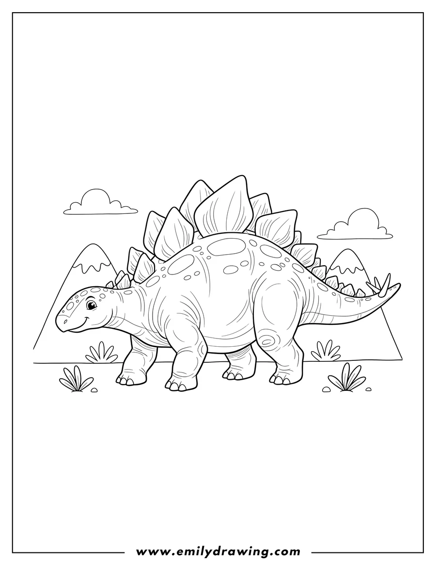 Full page coloring image of stegosaurus walking in mountains