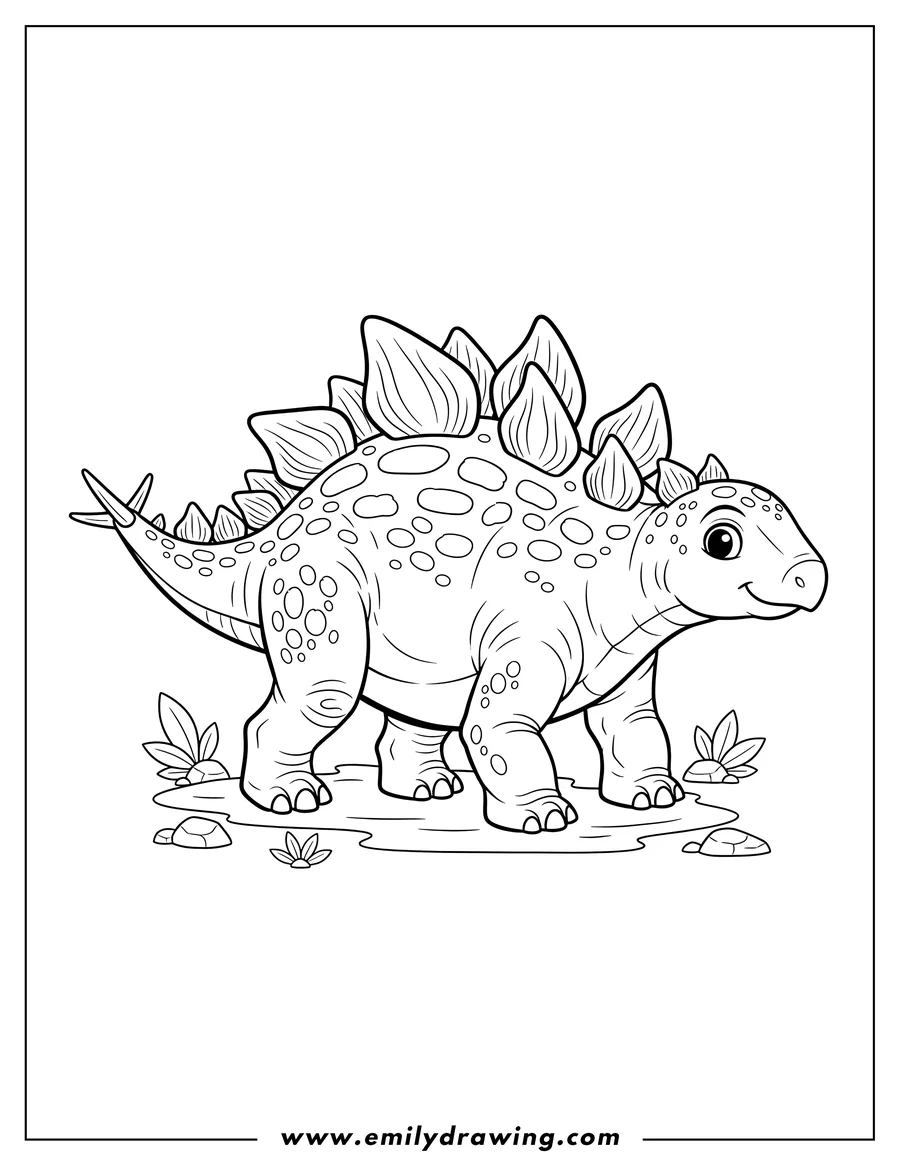 Simple sketch of stegosaurus walking with detailed skin and dermal plates to color