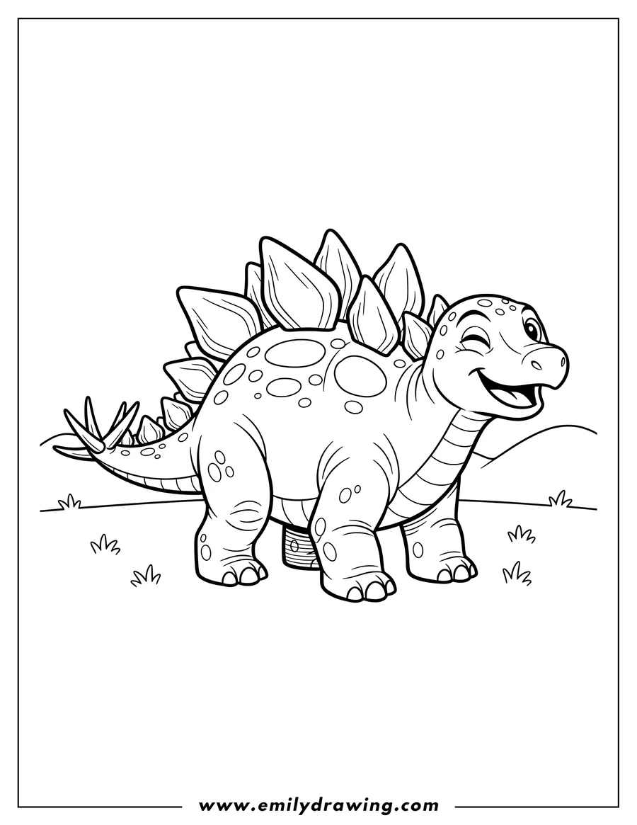 Free to print drawing of stegosaurus standing and winking, with detailed dermal plates and tail spikes