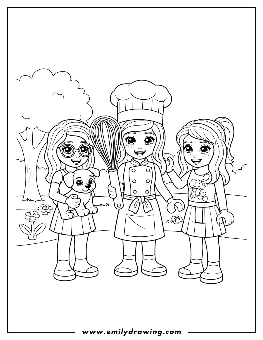 Clean line drawing: lego Friends Stephanie, Mia, and Emma smiling together, one dressed as a chef, and another with glasses holding a pet