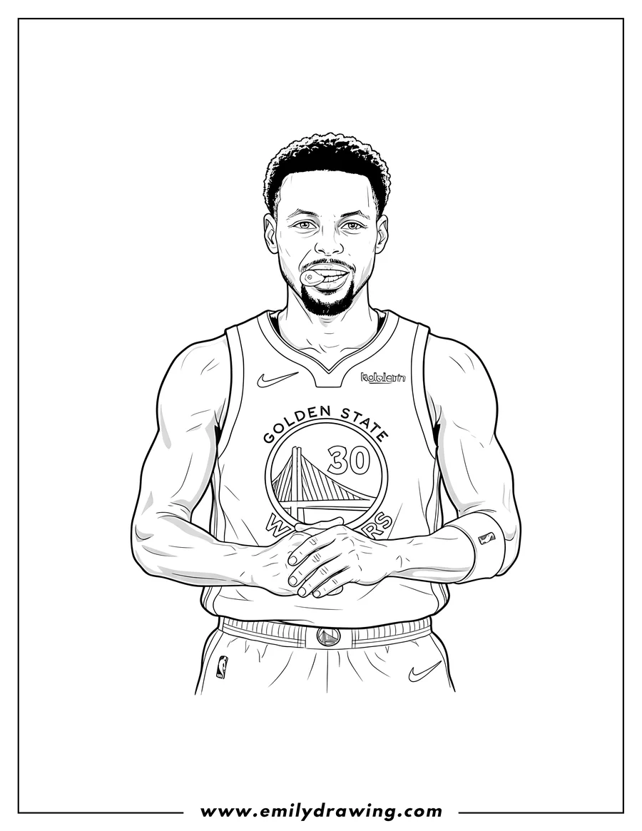 Linear illustration of stephen Curry Chewing Mouth Guard, wearing a Golden State Warriors jersey, hands clasped
