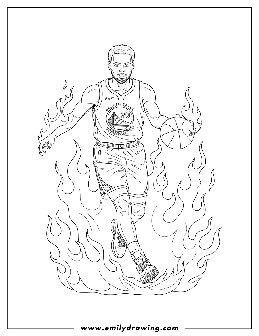 Vector style outline of stephen Curry Nba Poster, dribbling a basketball in his Golden State Warriors jersey, surrounded by flames