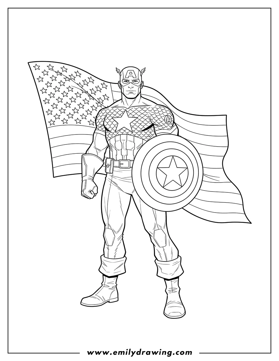 PDF style coloring page: steve Rogers in his uniform, holding his shield, with the American flag