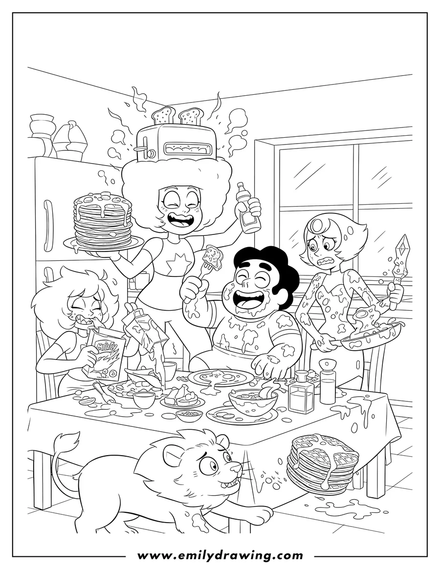 Printable coloring page of steven Universe and the Crystal Gems having a chaotic breakfast, with Garnet wearing a toaster hat and Pearl getting splattered