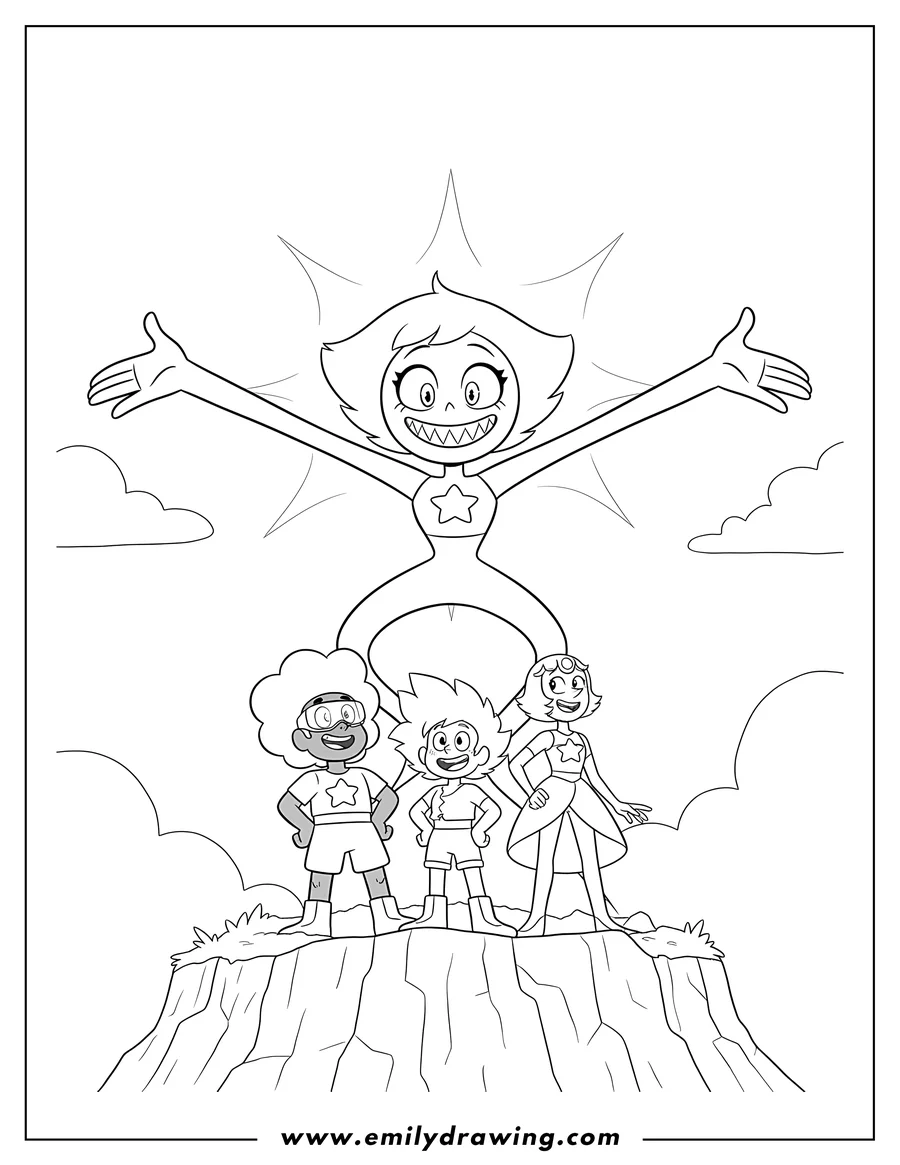 High quality printable steven Universe: Garnet, Amethyst, and Pearl smiling on a cliff, looking up at a large, grinning Spinel with outstretched hands for coloring