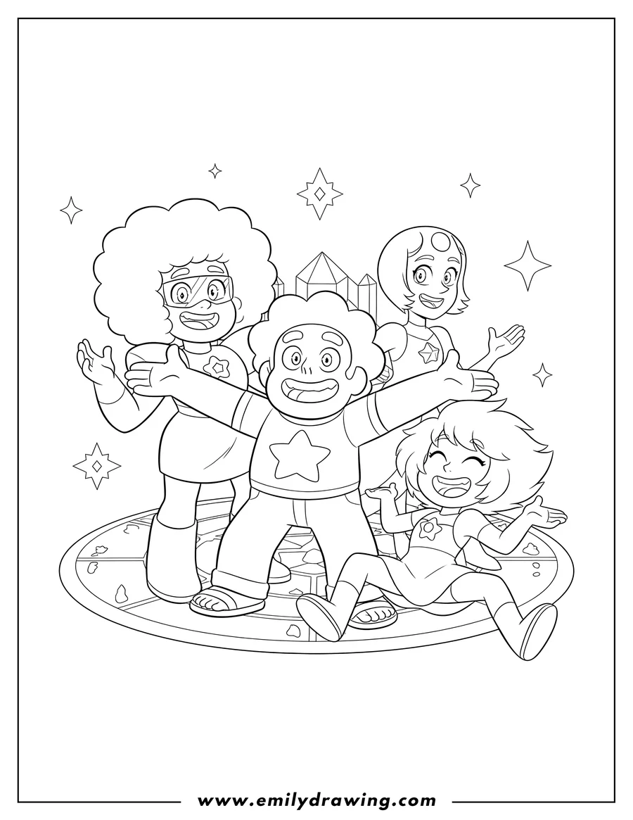 Simple sketch of steven Universe Tv: Steven, Garnet, Amethyst, and Pearl smiling to color