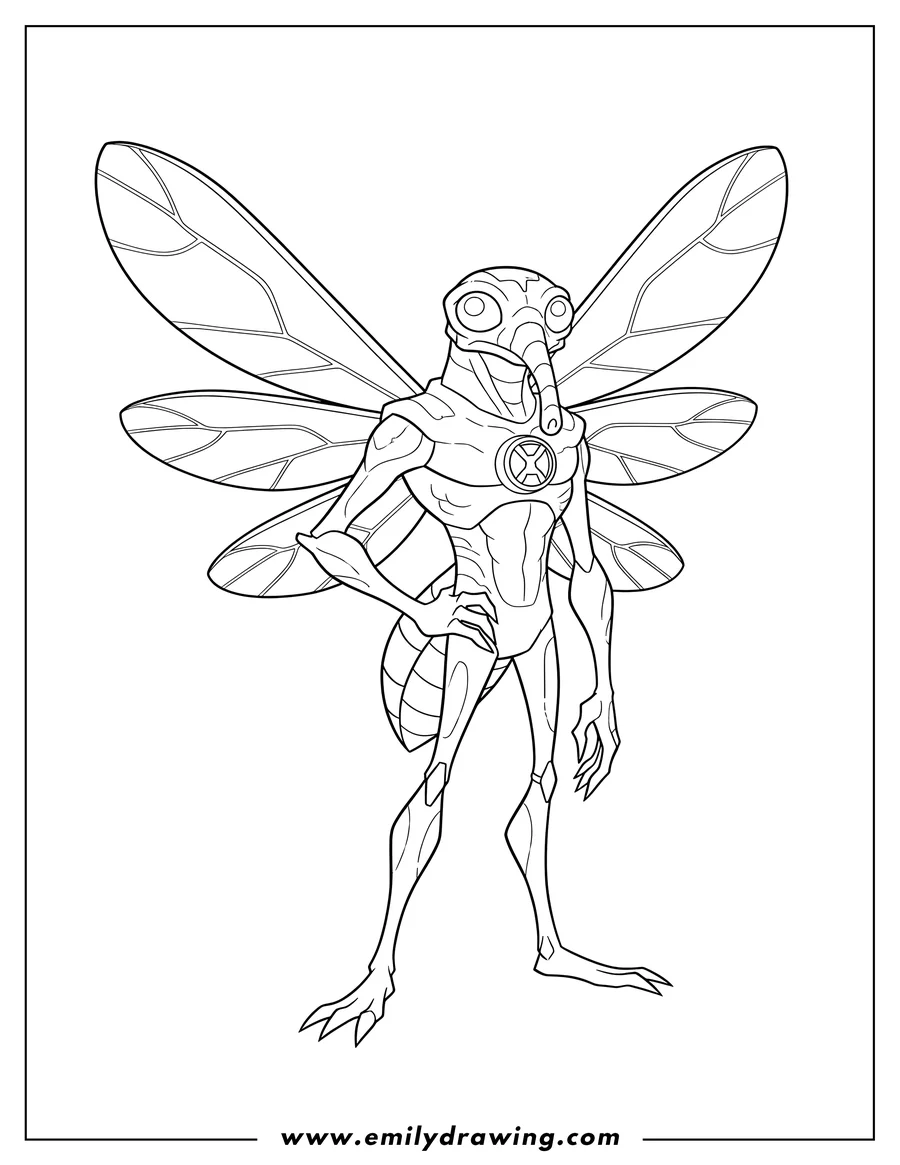Vector style outline of stinkfly standing with hand on hip, Omnitrix on chest, and wings spread