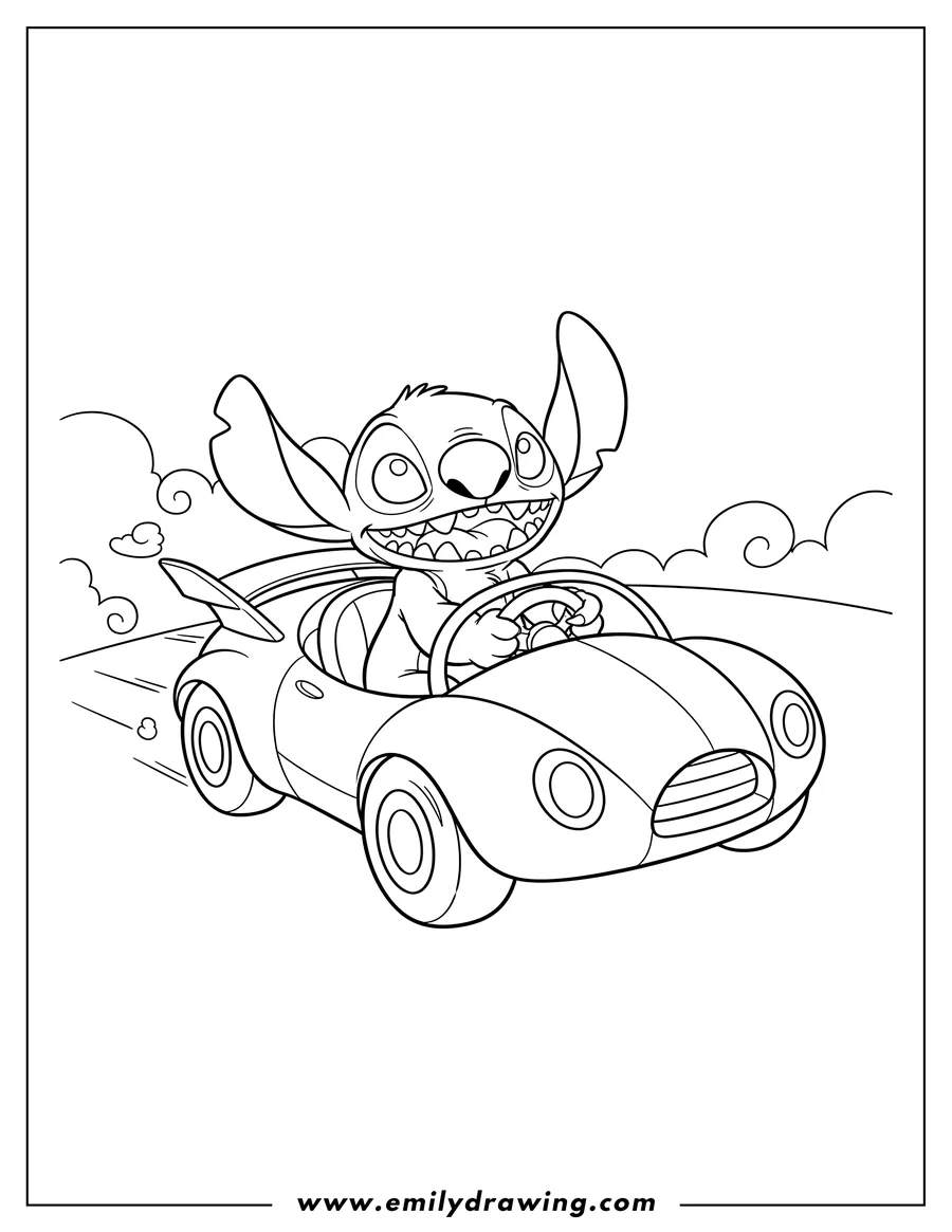 PDF style coloring page: stitch Alien driving a futuristic car