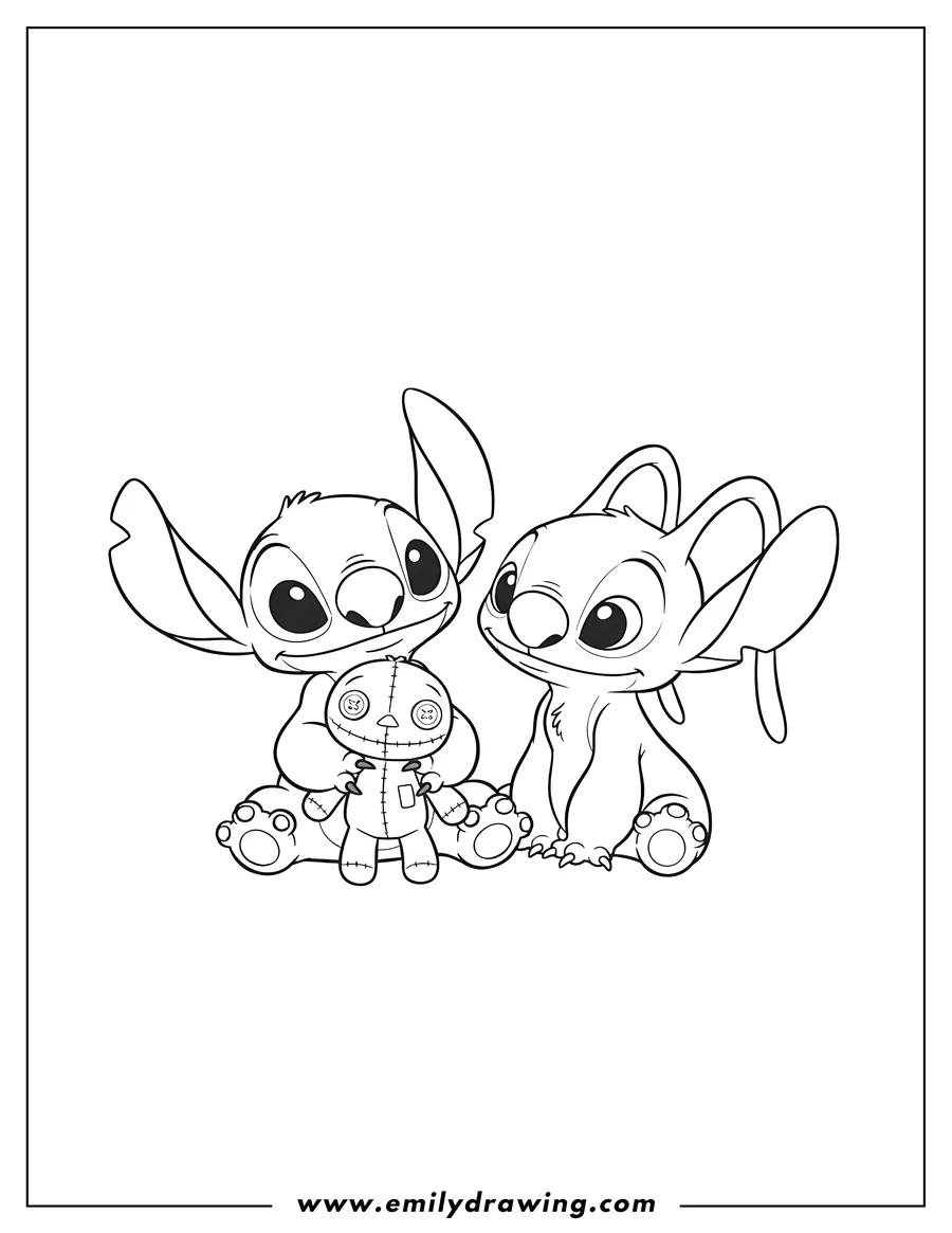 Vector style outline of stitch and Angel sitting together with Stitch holding Scrump
