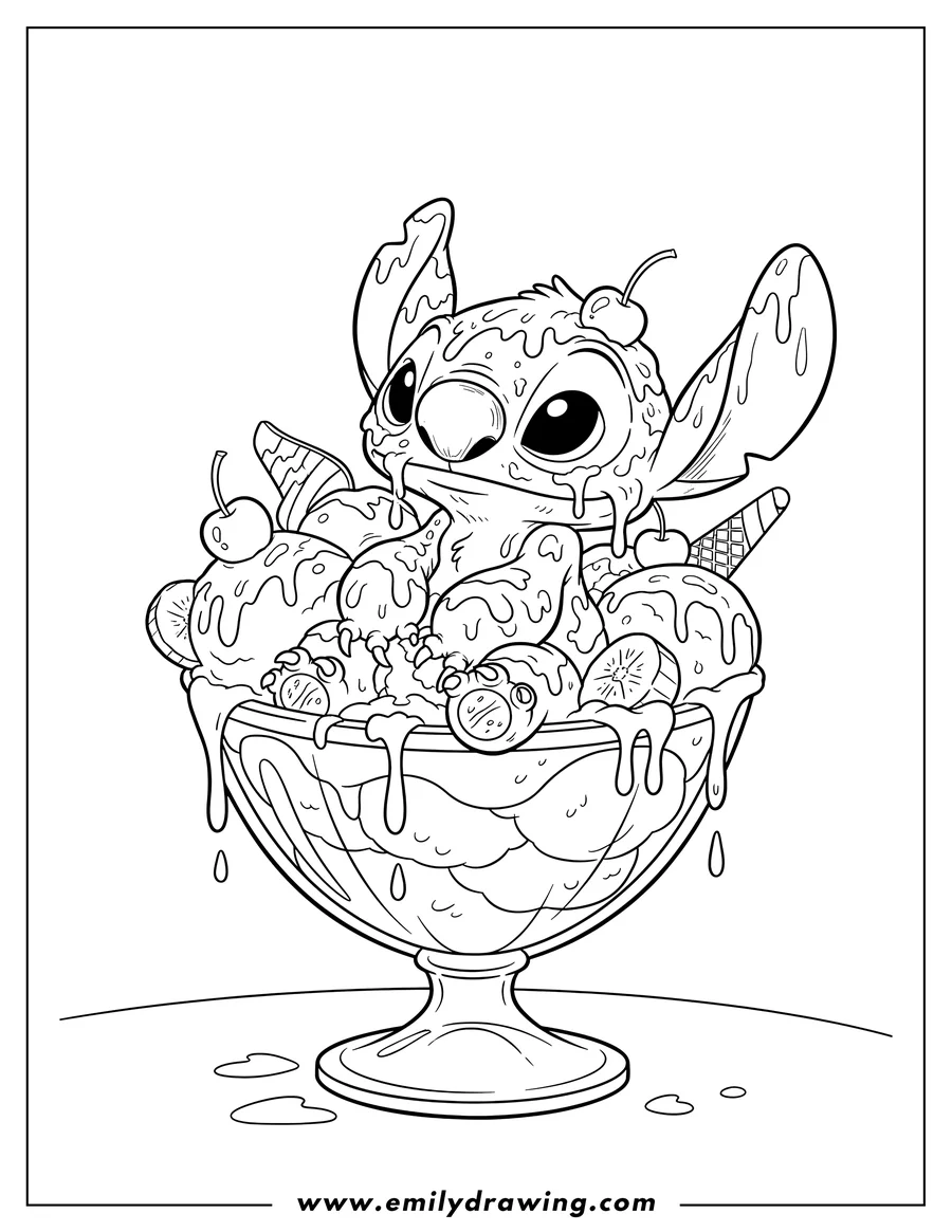 Simple sketch of stitch covered in melting ice cream in a giant sundae bowl to color