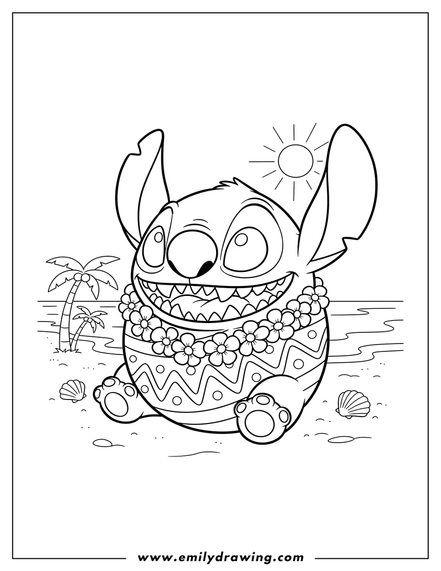 Coloring page of stitch Easter Egg On Beach with a wide, toothy smile and a large oval eye