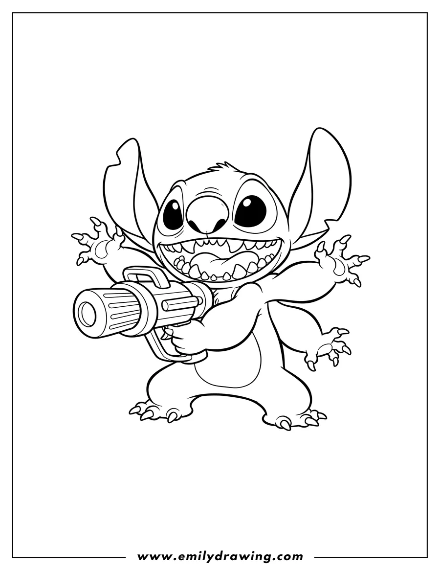 Black and white line art of stitch with a wide, toothy grin, showing all six limbs, holding a plasma blaster
