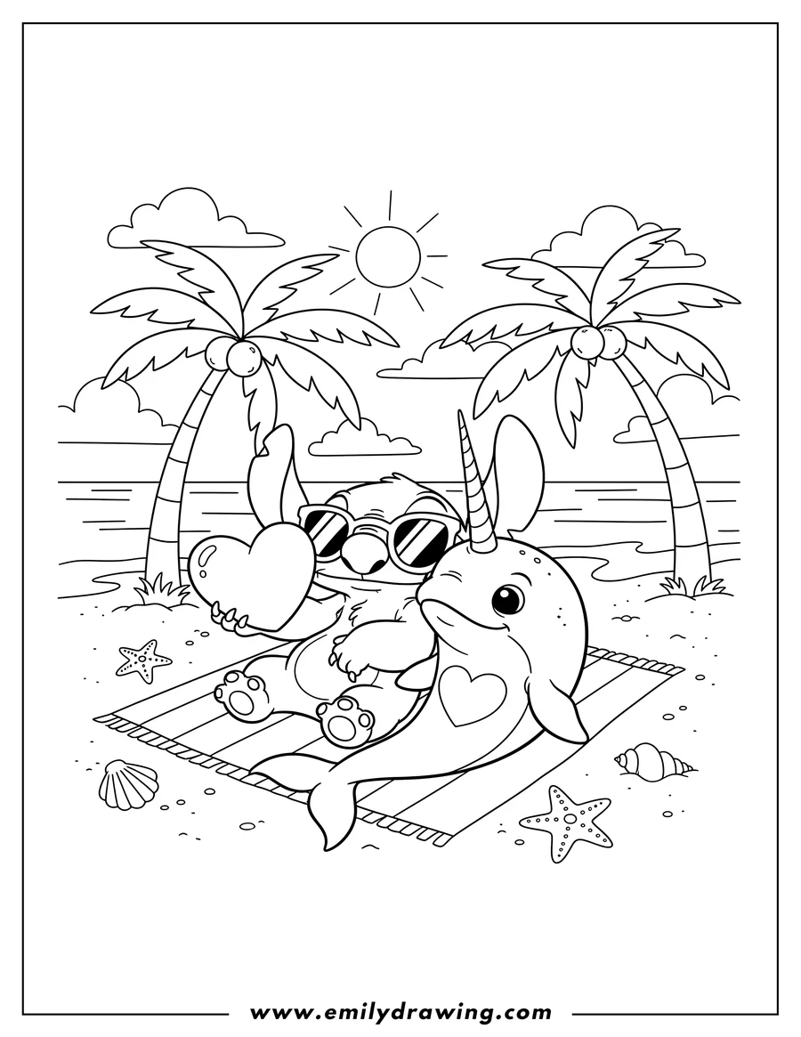 Printable line art of stitch holding a heart and narwhal with heart on belly, lounging at beach