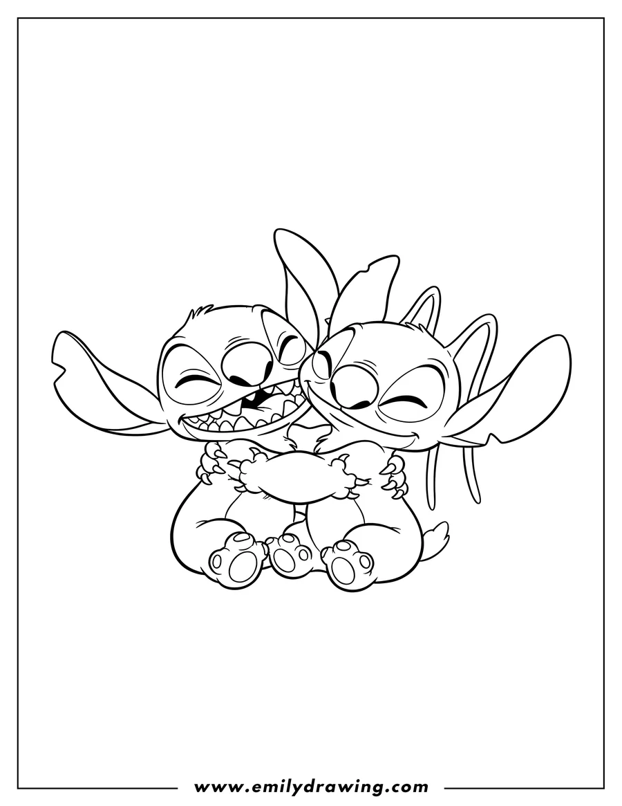 High quality printable stitch and Angel Experiment 624 sitting and hugging, both smiling with closed eyes, Stitch with a toothy grin for coloring
